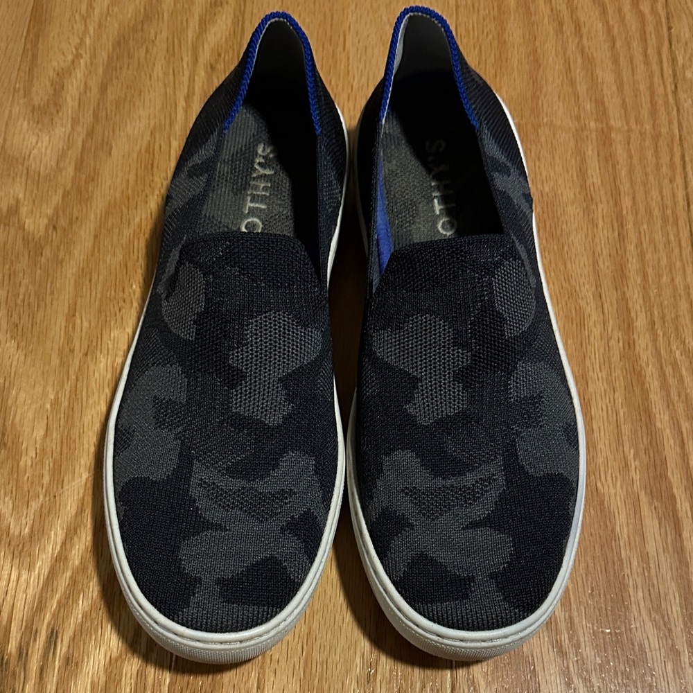 Rothy's Black & Gray Camo Slip-On Sneakers with Blue Trim